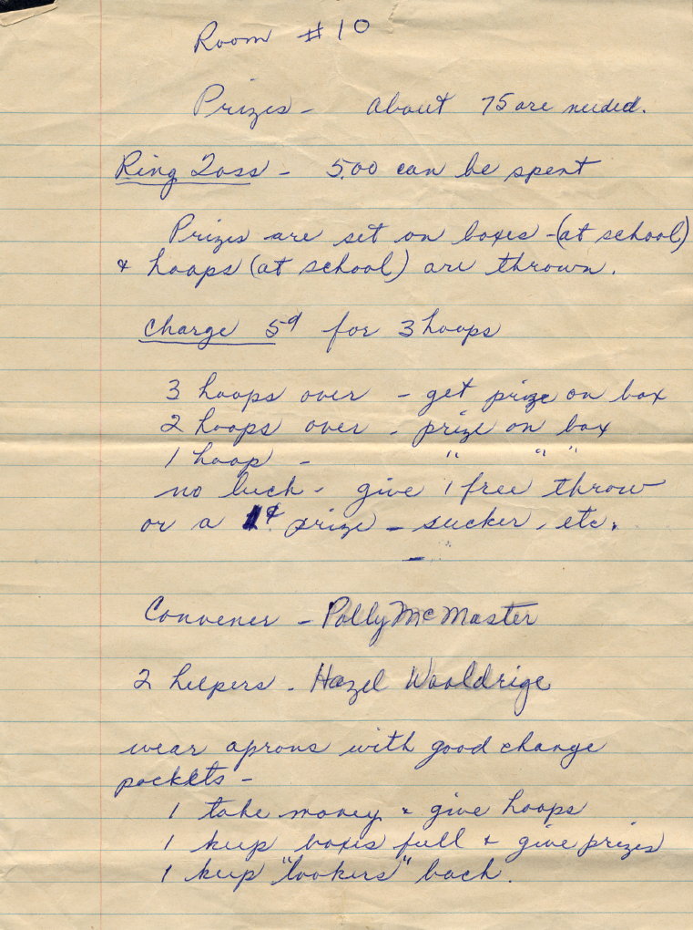 1959 Fun Night station list for Ring Toss